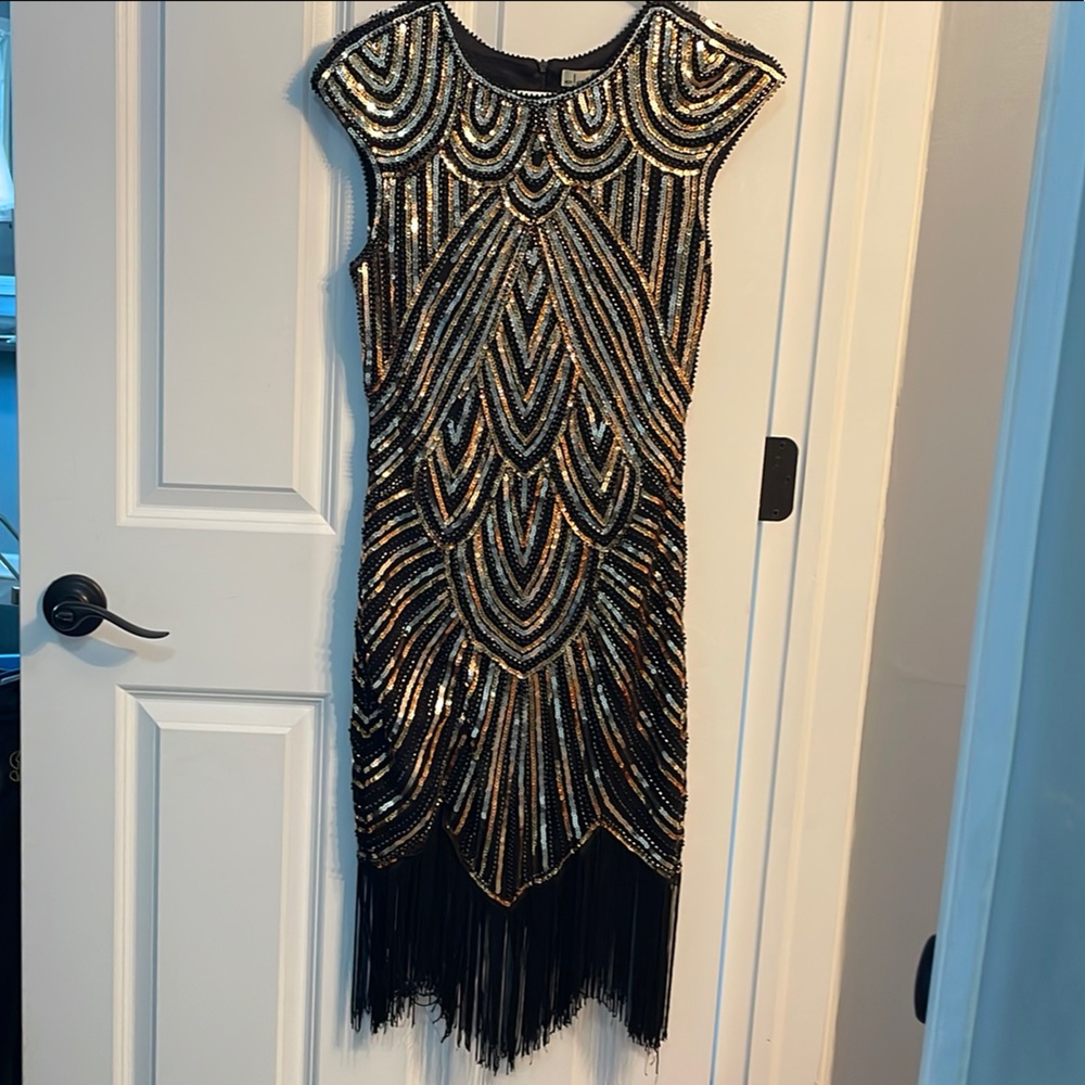 Black and Gold Sequin Fringe Dress